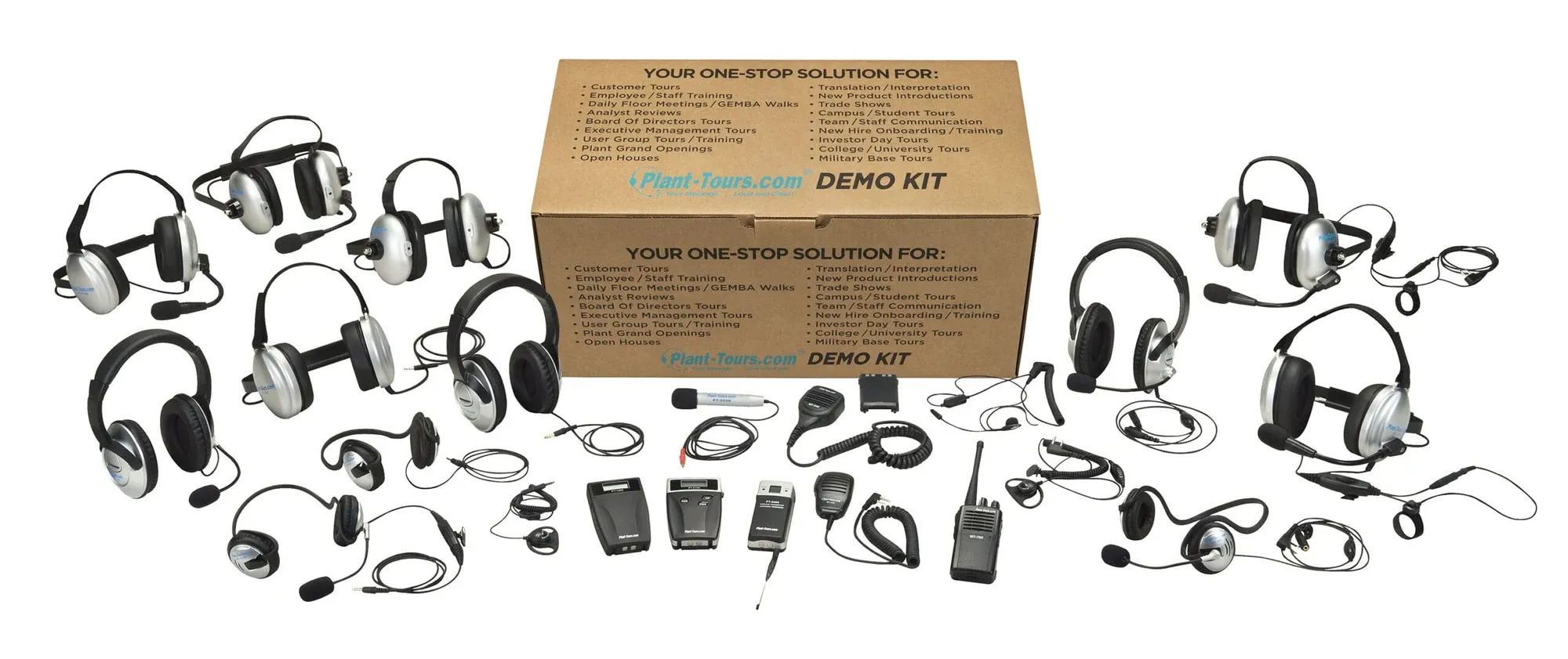 Plant-Tours.com demo kit box surrounded by headsets, transmitters and receivers