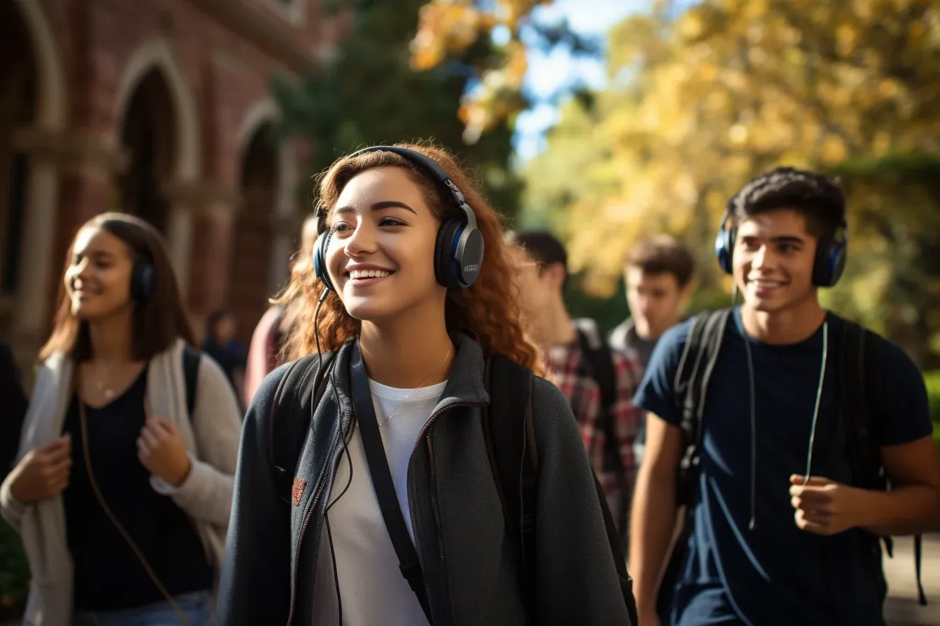 Students wearing headphones on a campus tour
