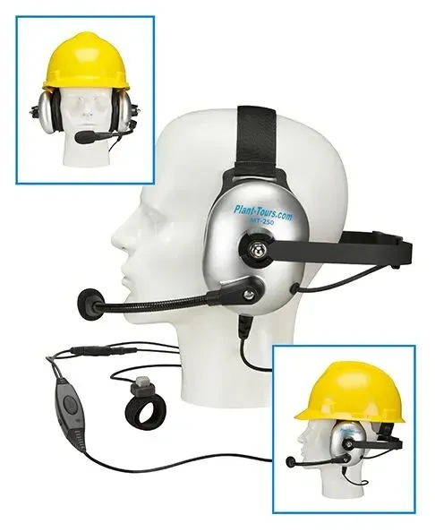 Plant-Tours.com MT-250 headset with boom microphone on a display head, with two views of it worn under a hard hat