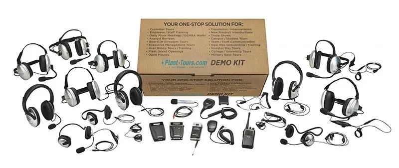The Plant-Tours.com demo kit: headsets, receivers, transmitters, radios and the demo kit box