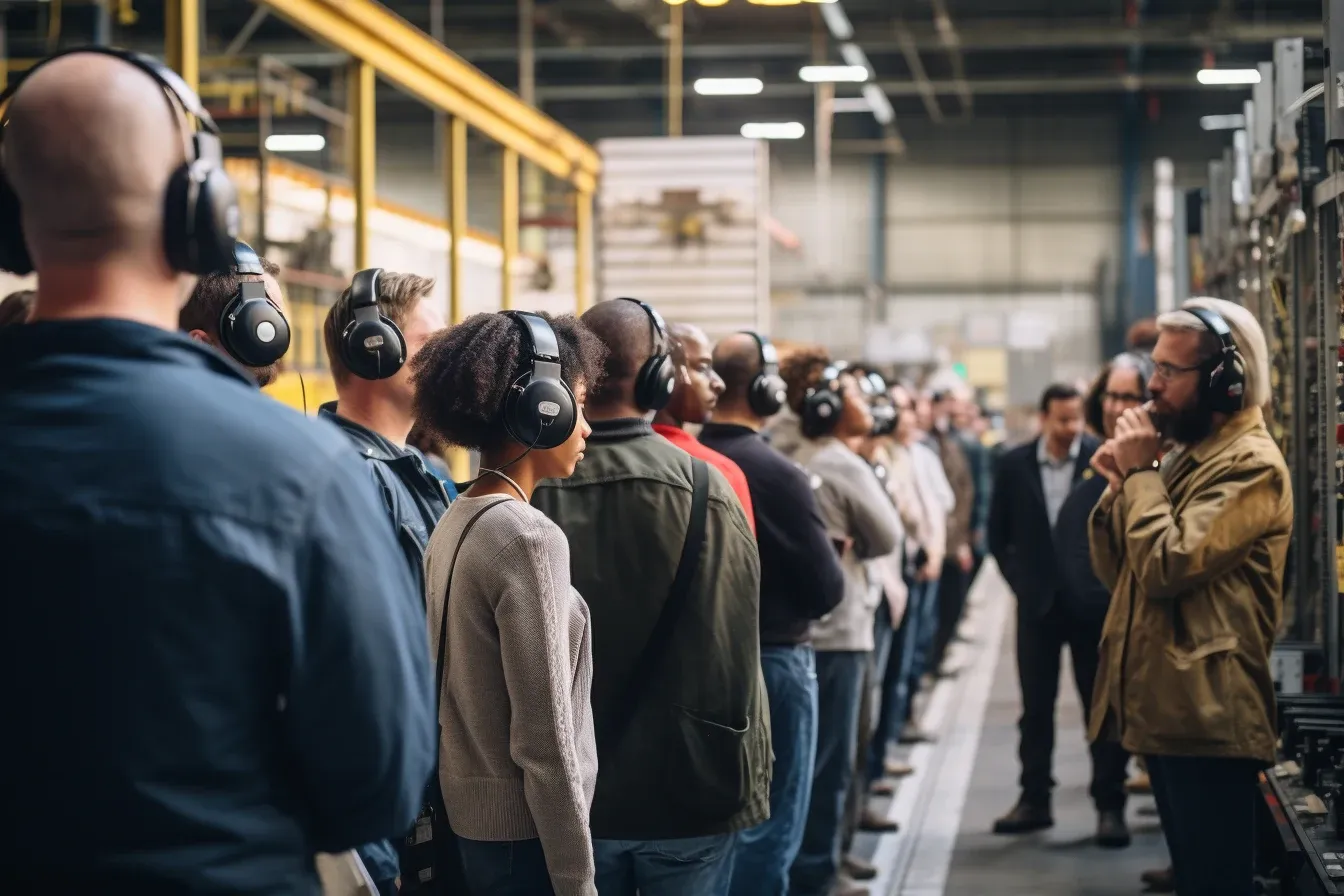Group of employees wearing headsets on a factory floor