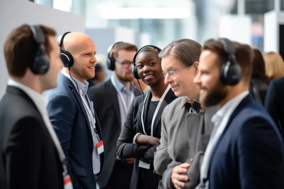 Trade show visitors wearing headphones, talking together