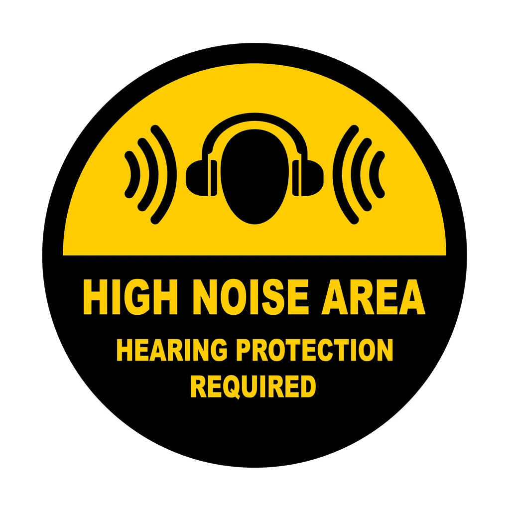 Round yellow and black sign reading High Noise Area, Hearing Protection Required, with a headphones icon