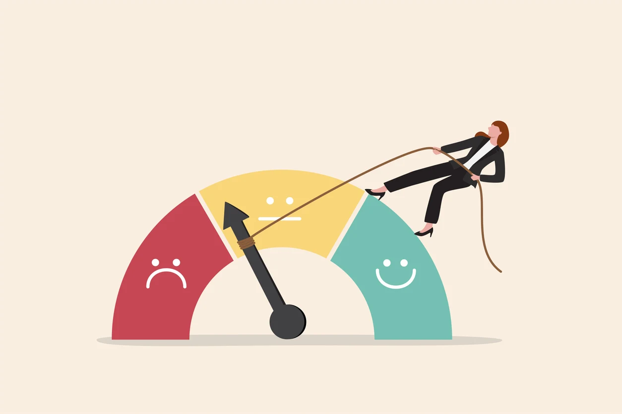 Illustration of a person pulling a gauge needle from a sad red face toward a happy green face