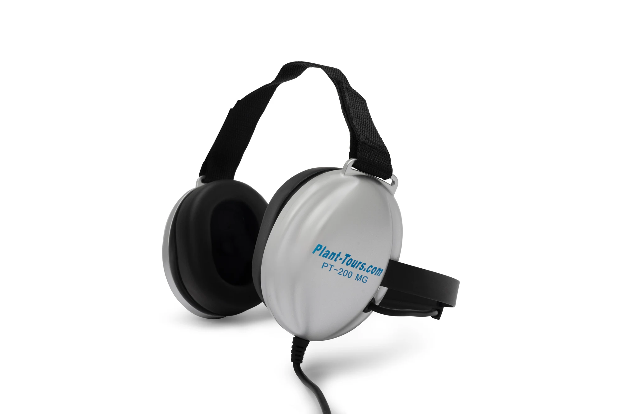 Silver Plant-Tours.com high-noise headset with dual padded ear cups and a headband