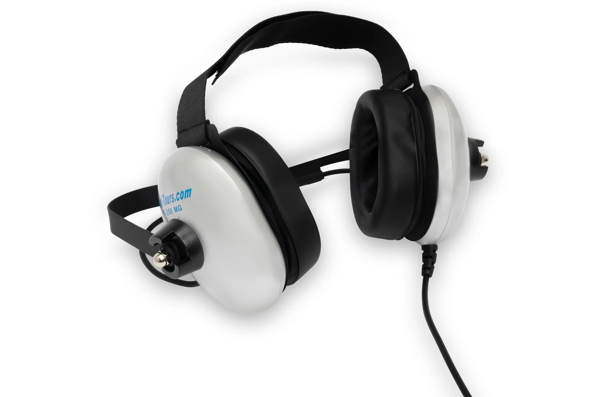 Silver Plant-Tours.com high-noise headset with dual ear cups and a coiled cable, shown from the side