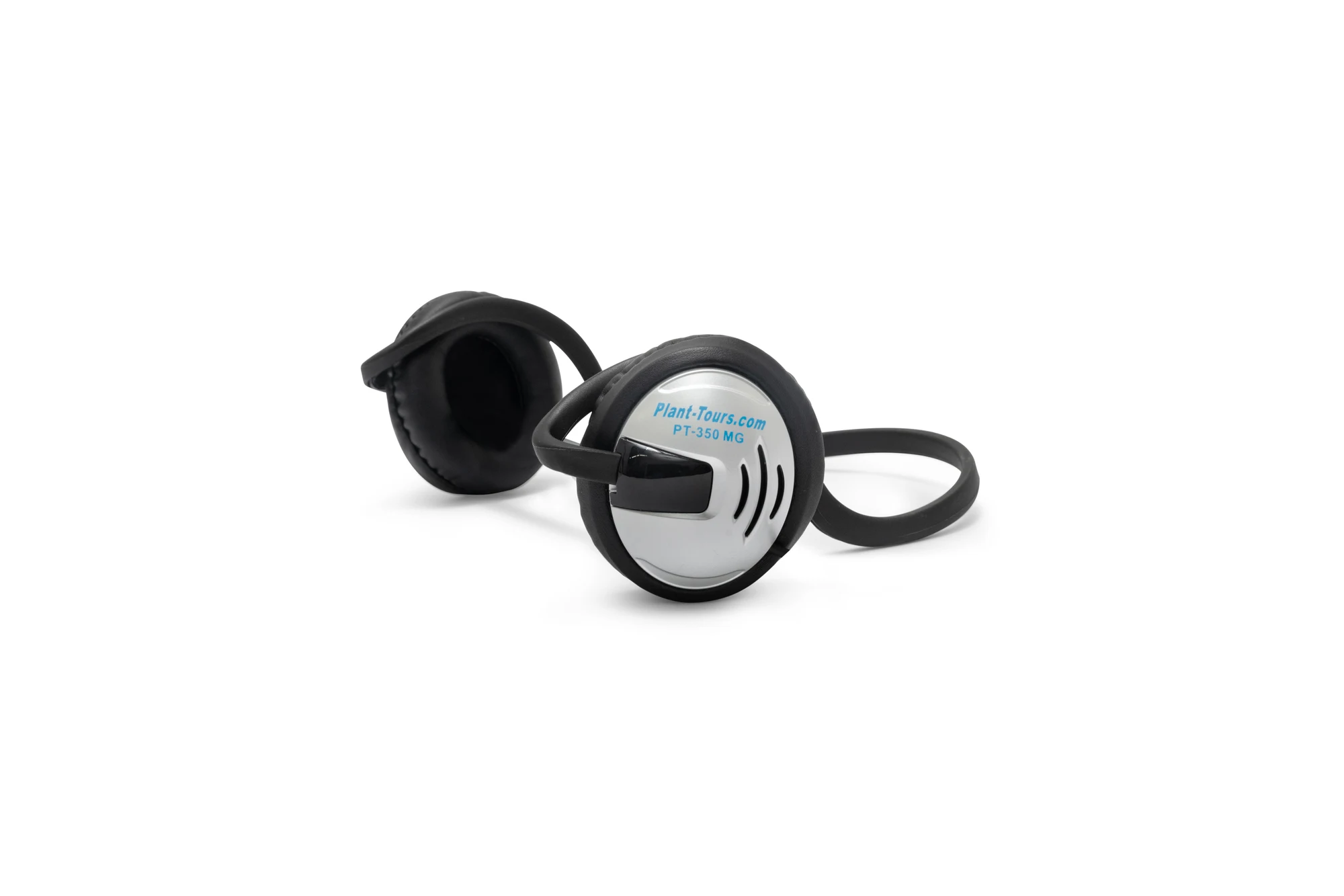 Silver Plant-Tours.com behind-the-head headset with a single speaker and foam ear pad