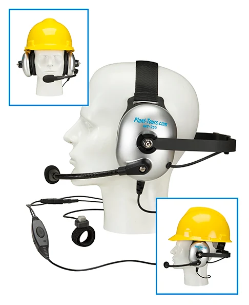 Mannequin head wearing a headset with boom microphone, with insets showing it under a yellow hard hat