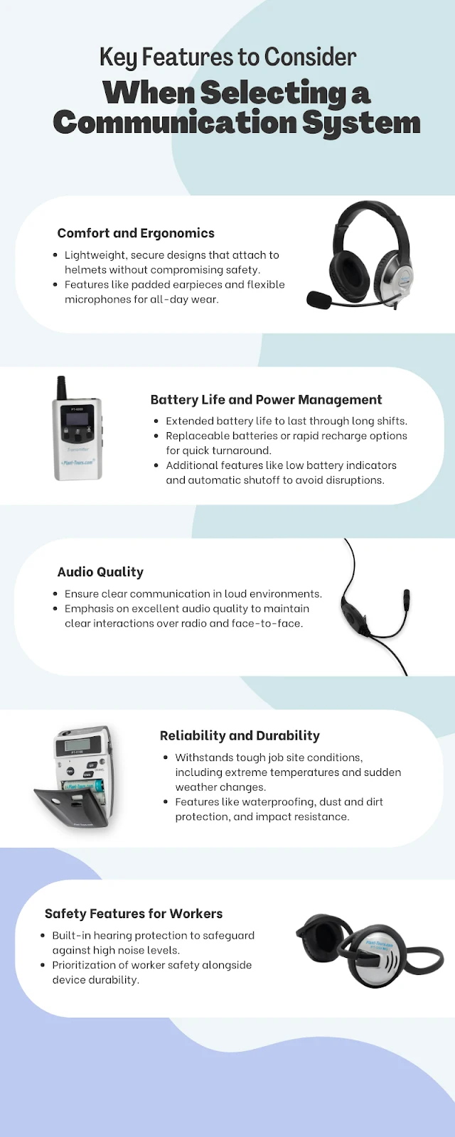 Infographic of key features to consider when selecting a communication system, with headset and radio images