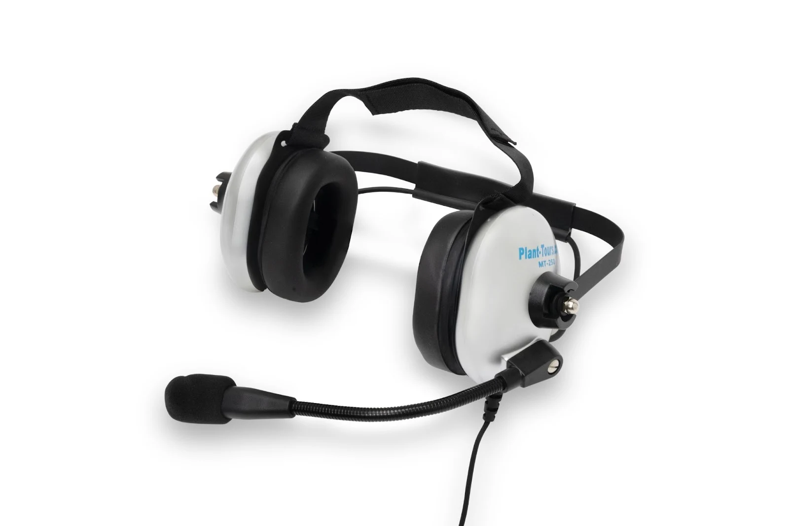 White dual-cup Plant-Tours.com headset with boom microphone, shown from the front