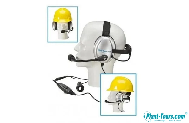Behind-the-neck headset on a mannequin head, with insets showing it worn under a yellow hard hat