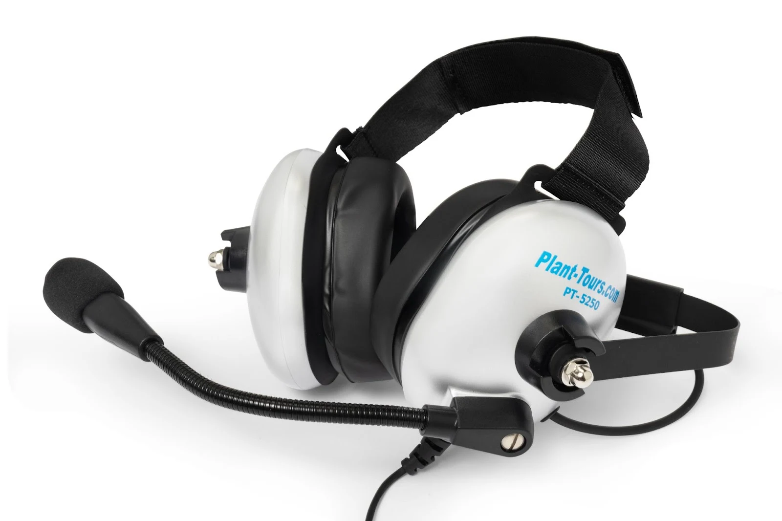 Silver Plant-Tours.com headset with padded ear muffs, headband and flexible boom microphone