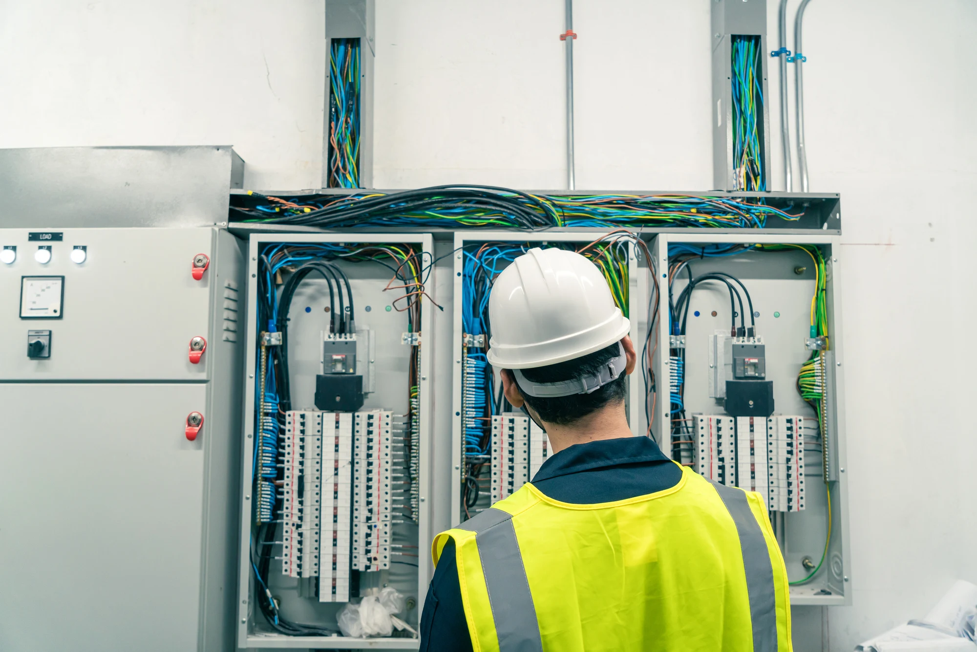 Electrician in a white hard hat and high-visibility vest working on an open electrical panel