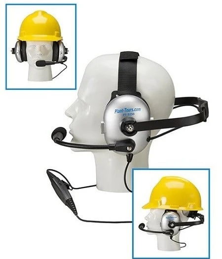 Mannequin head wearing a headset with microphone, with inset photos of the headset worn under a yellow hard hat