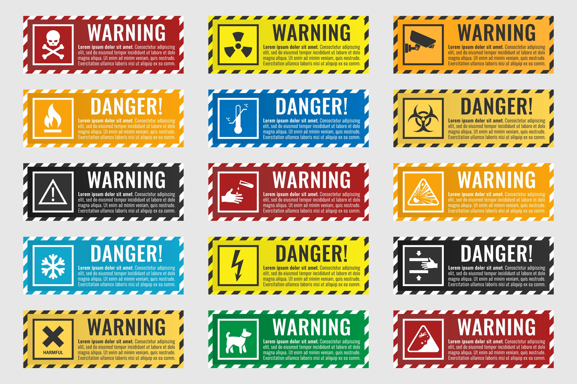 Grid of colorful warning and danger safety signs with hazard symbols