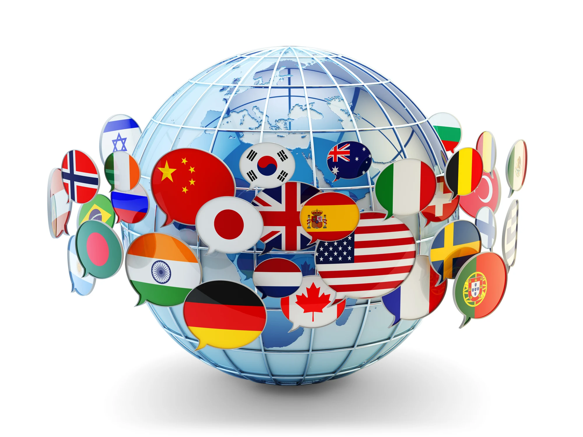 Globe surrounded by speech bubbles showing flags of many countries