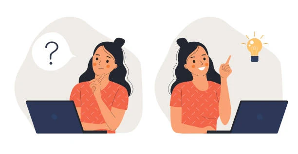 Illustration of a woman at a laptop, first puzzled with a question mark, then smiling with a lightbulb idea