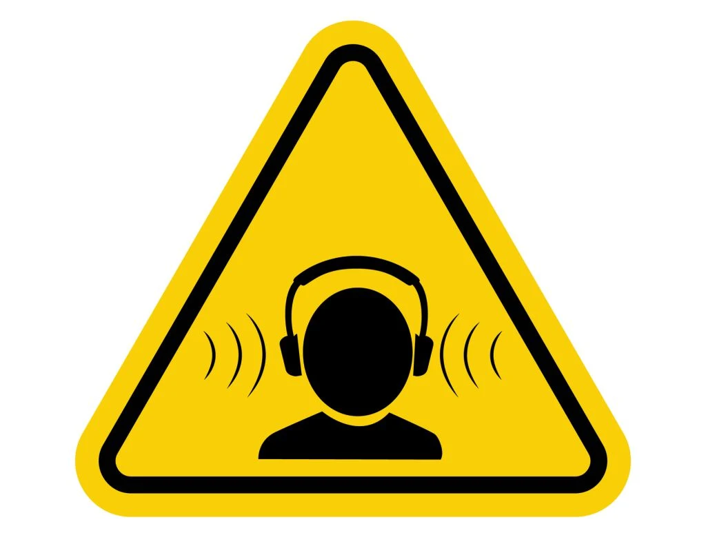 Yellow warning triangle sign with an icon of a person wearing hearing protection earmuffs