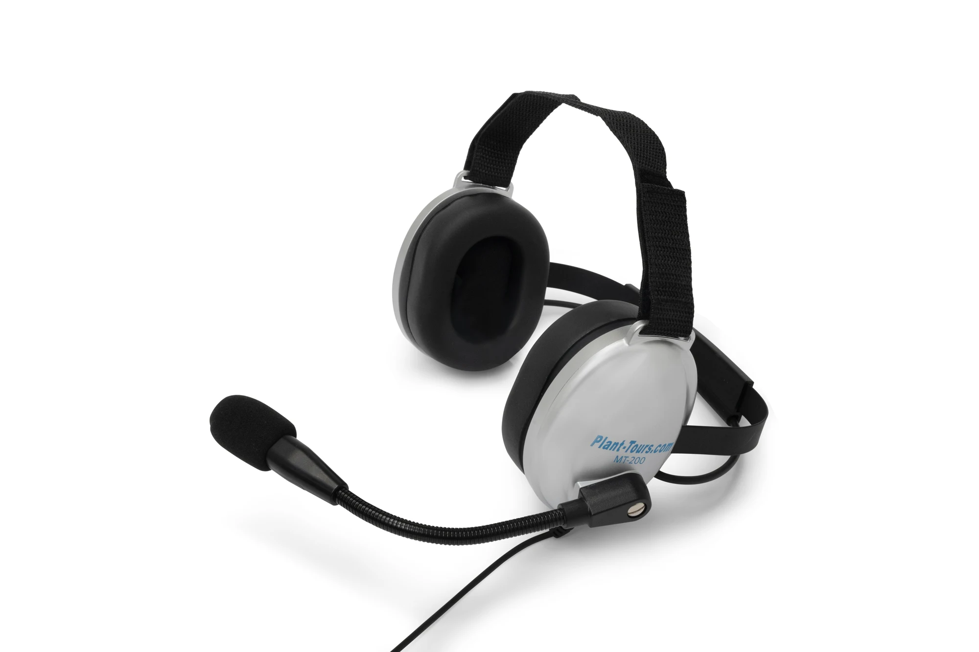 Silver and black behind-the-neck earmuff headset with a boom microphone