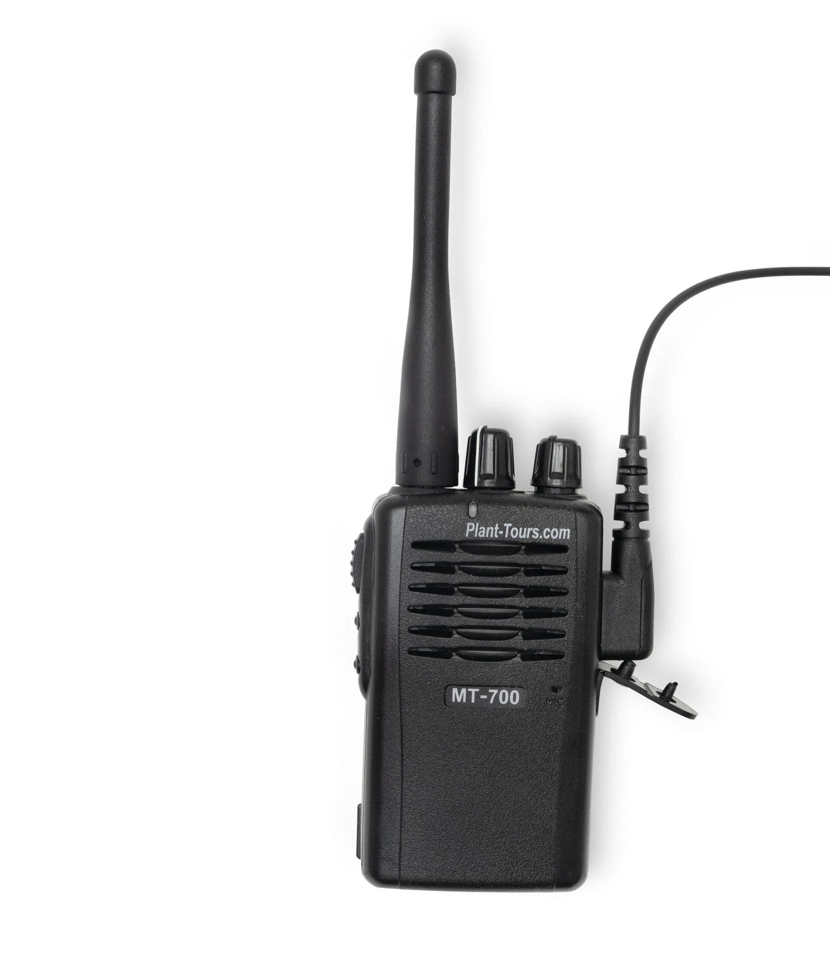 Black handheld two-way radio with antenna and an earpiece cable attached