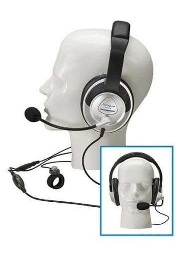 Mannequin head wearing an over-ear headset with boom microphone, with a front view inset